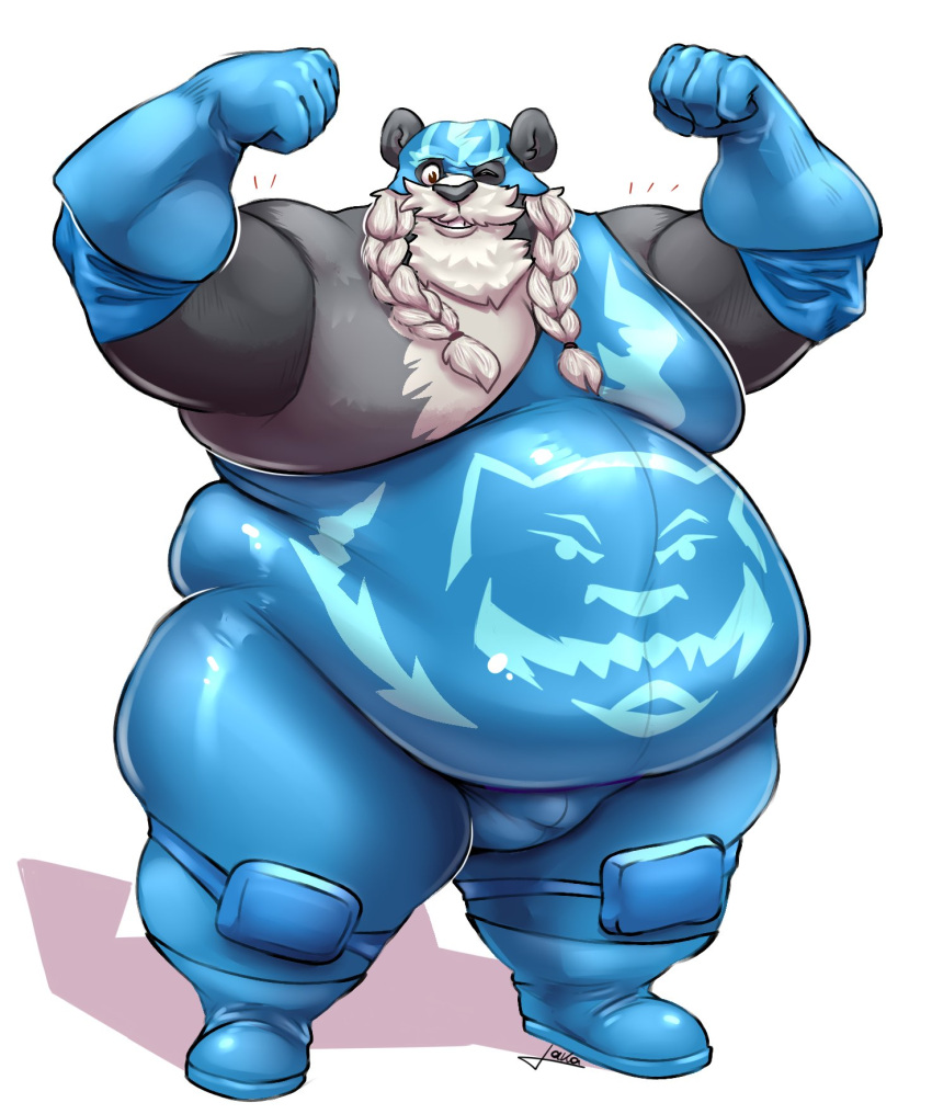 2021 anthro belly big_belly black_body black_nose bulge giant_panda hi_res humanoid_hands lakalando male mammal mask obese obese_male one_eye_closed overweight overweight_male simple_background solo ursid white_body wink wrestler wrestling_singlet