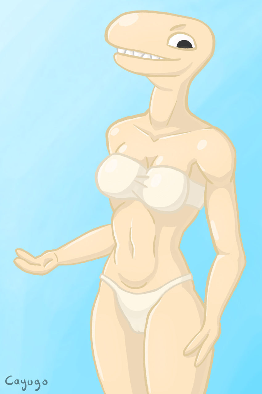 2_fingers absurd_res bikini blue_background breasts cayugo cel_shading cleavage clothed clothing female fingers hi_res humanoid looking_at_viewer navel shaded sharp_teeth simple_background smile solo swimwear teeth unknown_species