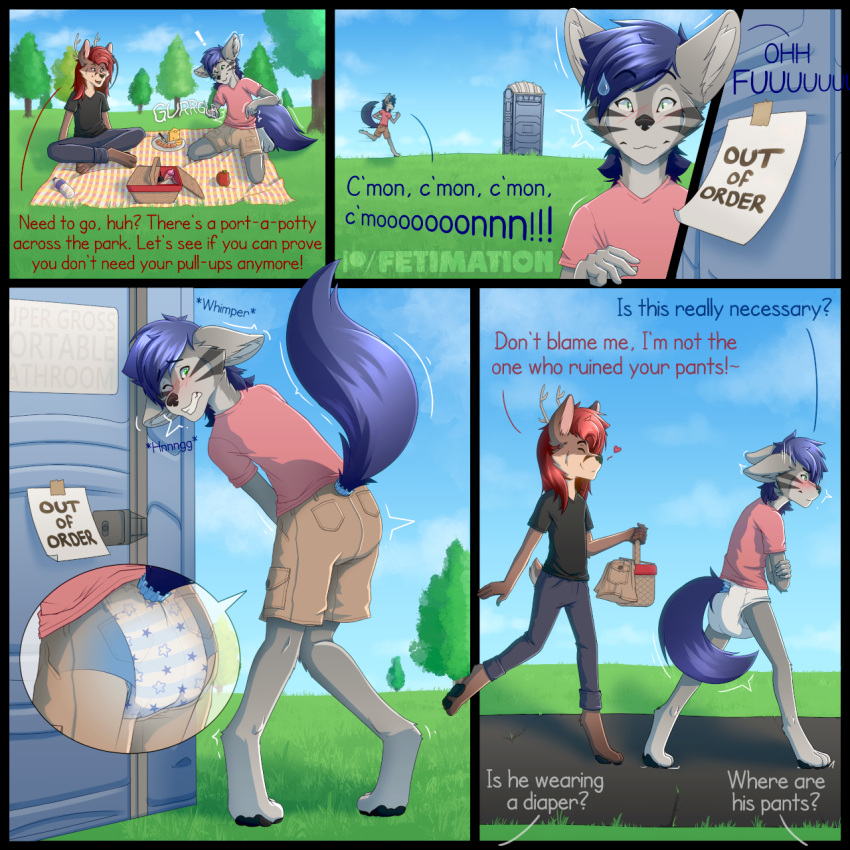 ! &lt;3 1:1 anthro antlers basket bent_leg bent_legs blue_eyes blue_hair blush bottle bottomwear brown_body brown_fur canid canine canis cargo_shorts cervid clothing color_coded color_coded_text container crossed_ankles denim denim_clothing desperation dialogue diaper domestic_dog duo ears_down embarrassed english_text fetimation fur grass green_eyes grey_body grey_fur hair heart_reaction hi_res holding_basket holding_container holding_object horn infantilism jeans kneeling knees_together knock-kneed lotus_pose male male/male mammal markings on_one_leg pants park pattern_diaper picnic picnic_basket pivoted_ears plant portapotty print_diaper public raised_tail red_hair red_heart running shirt shorts sitting sky spread_knees standing star star_diaper star_pattern star_print straight_leg t-shirt text topwear tree water_bottle