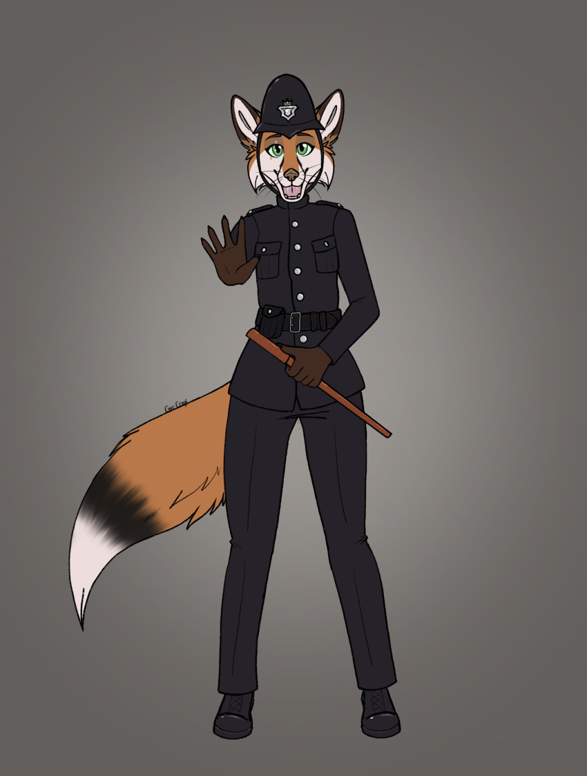 ambiguous_gender anthro belt belt_buckle black_body black_fur boots canid canine clothed clothing club_(weapon) flat_chested footwear fox fur green_eyes hi_res looking_at_viewer mammal melee_weapon nightstick open_mouth orange_body orange_fur oreocorgi outstretched_arm outstretched_hand police_uniform solo symphonia_(delinquentis) uniform weapon whiskers white_body white_fur