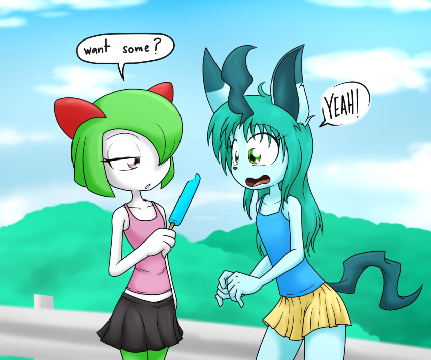 2019 anthro bite_mark blue_body blue_fur bodily_fluids bottomwear clothing detailed_background dialogue digital_media_(artwork) drooling duo eeveelution english_text eyelashes female fingers food fur green_body green_eyes green_hair green_skin hair humanoid kirlia leafeon mari_(sandwich-anomaly) miyo_(gvozdi) multicolored_body multicolored_skin nintendo one_eye_obstructed outside pink_eyes pok&eacute;mon pok&eacute;mon_(species) popsicle saliva sandwich-anomaly shirt skirt standing tank_top teal_hair teeth text tongue topwear video_games white_body white_skin young