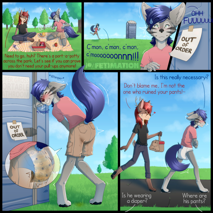 ! &lt;3 1:1 anthro antlers basket bent_leg bent_legs blowout blue_eyes blue_hair blush bodily_fluids bottle bottomwear brown_body brown_fur canid canine canis cargo_shorts cervid clothing color_coded color_coded_text container crossed_ankles denim denim_clothing desperation diaper domestic_dog duo ears_down embarrassed english_text feces fetimation filth filthy fur genital_fluids grass green_eyes grey_body grey_fur hair heart_reaction hi_res holding_basket holding_container holding_object horn jeans kneeling knees_together knock-kneed leaking_diaper leaking_urine lotus_pose male male/male mammal markings messy_diaper on_one_leg pants park pattern_diaper picnic picnic_basket pivoted_ears plant poop_desperation pooping portapotty print_diaper public raised_tail red_hair red_heart running scat shirt shorts sitting sky soiling spread_knees standing star star_diaper star_pattern star_print straight_leg t-shirt text topwear tree urine water_bottle watersports wet wet_diaper wetting