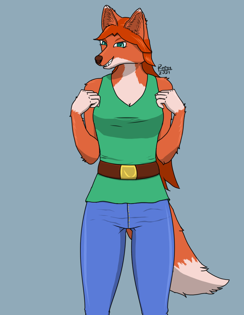 anthro belt bottomwear breasts canid canine cleavage clothed clothing denim denim_clothing dipstick_ears dipstick_tail female fox hair hi_res jeans looking_at_viewer mammal markings multicolored_ears multicolored_tail pants repgg shirt solo tail_markings terraria topwear zoologist_(terraria)