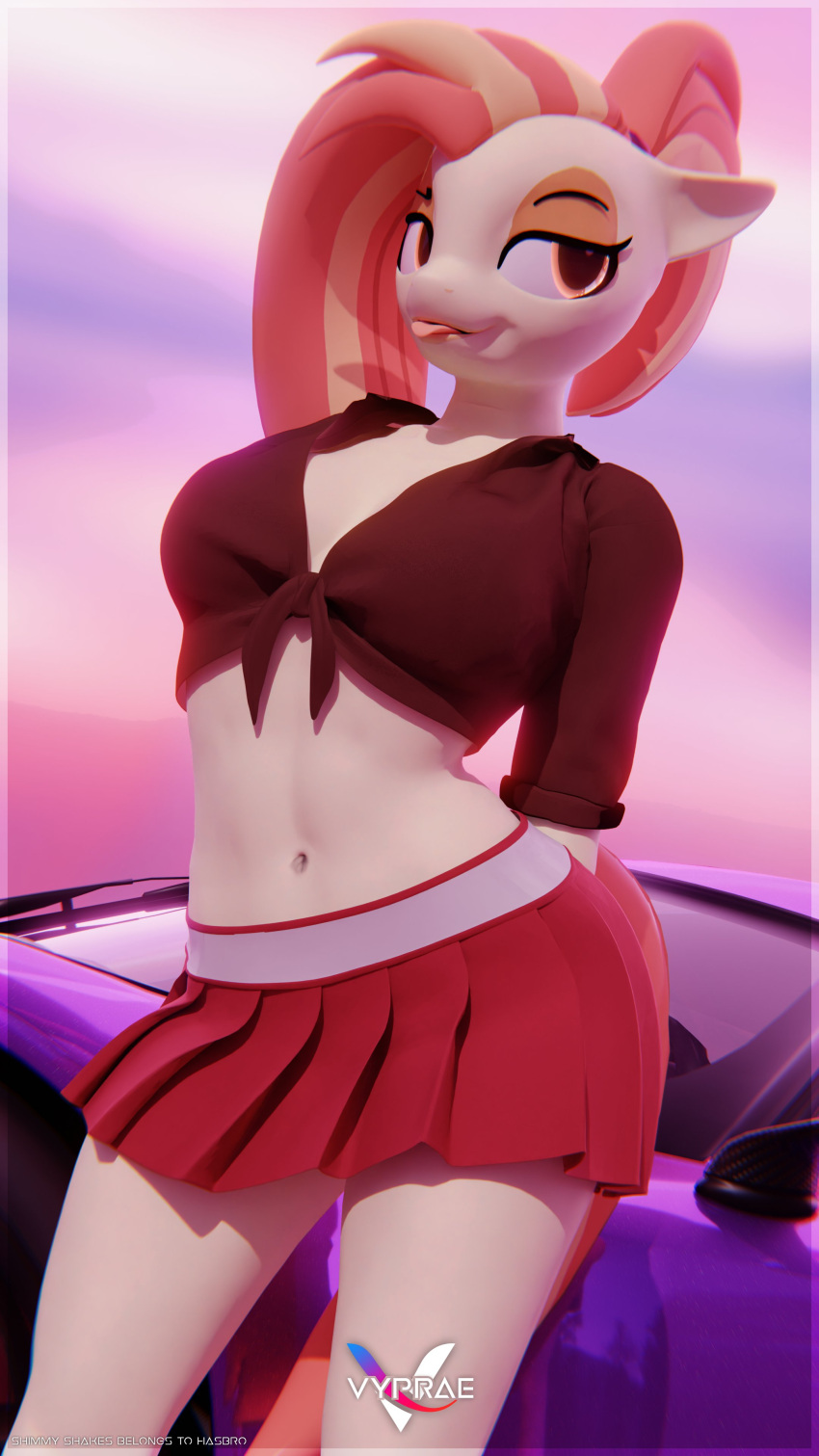 3d_(artwork) 4k 9:16 absurd_res amber_eyes anthro anthrofied blender_(software) bottomwear car clothing digital_media_(artwork) equid equine female friendship_is_magic hair hasbro hi_res horse mammal miniskirt my_little_pony navel pink_hair pony ponytail shimmy_shake_(mlp) shirt skirt solo tied_shirt topwear vehicle vyprae