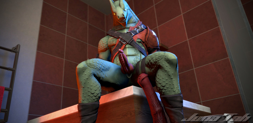 3d_(artwork) abs absurd_res animal_dildo animal_genitalia animal_sex_toy anthro artist_name bathroom bodily_fluids digital_media_(artwork) dildo dragon english_text epic_games equine_dildo erection fortnite genital_fluids genital_slit genitals green_body green_scales hi_res hybrid_(fortnite) imminent_masturbation junatah knot male muscular muscular_anthro muscular_male muscular_thighs penile_spines penis precum quads ranged_weapon scales scalie sex_toy shuriken sitting slit solo teeth text thick_thighs towel towel_rack video_games weapon