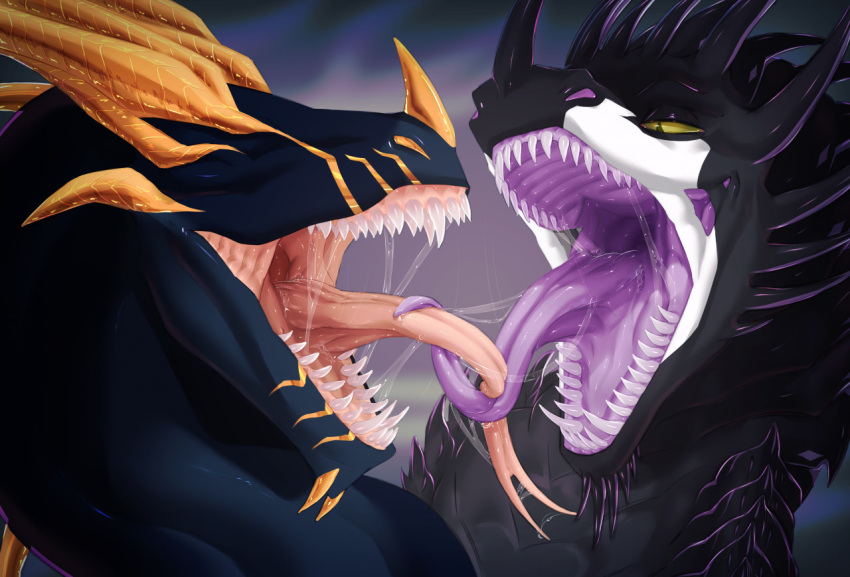 ambiguous_gender bodily_fluids dragon dreamworks duo fangs feral how_to_train_your_dragon kissing mzmrt oral saliva saliva_on_tongue saliva_string sharp_teeth skrill_(species) teeth wyvern