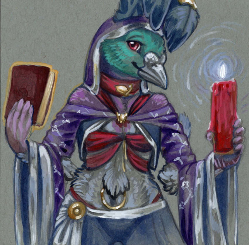 anthro avian bird book cadmiumtea candle columbid female fire gold_(metal) gold_jewelry hi_res holding_object jewelry midriff pigeon portrait priest priest_robes simple_background solo three-quarter_portrait traditional_media_(artwork)