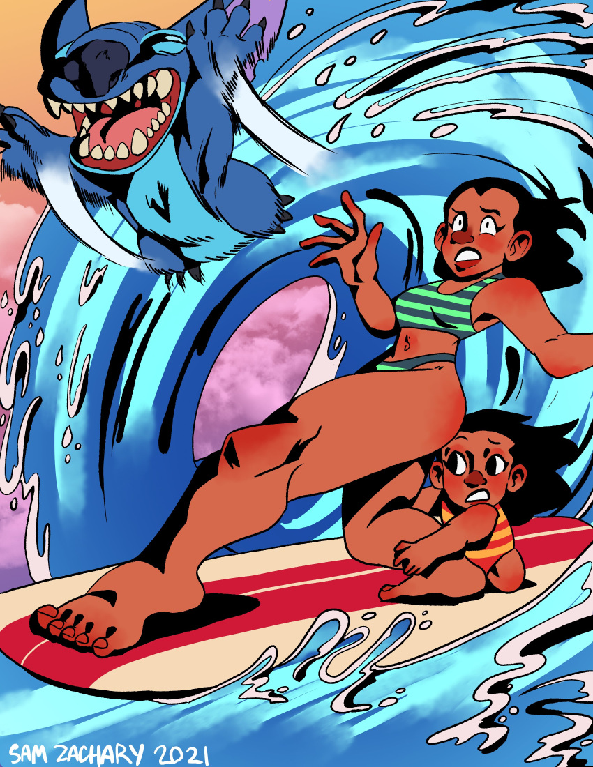 2021 5_fingers 5_toes absurd_res alien ambiguous_gender bikini black_hair blue_body blue_fur blue_nose claws clothing disney experiment_(lilo_and_stitch) eyebrows feet female fingers fur group hair hi_res human jumping lilo_and_stitch lilo_pelekai long_hair mammal nani_pelekai notched_ear one-piece_swimsuit raised_eyebrow samyueru_zackari sharp_teeth stitch_(lilo_and_stitch) surfboard surfing swimwear teeth thick_thighs toe_claws toes water wave