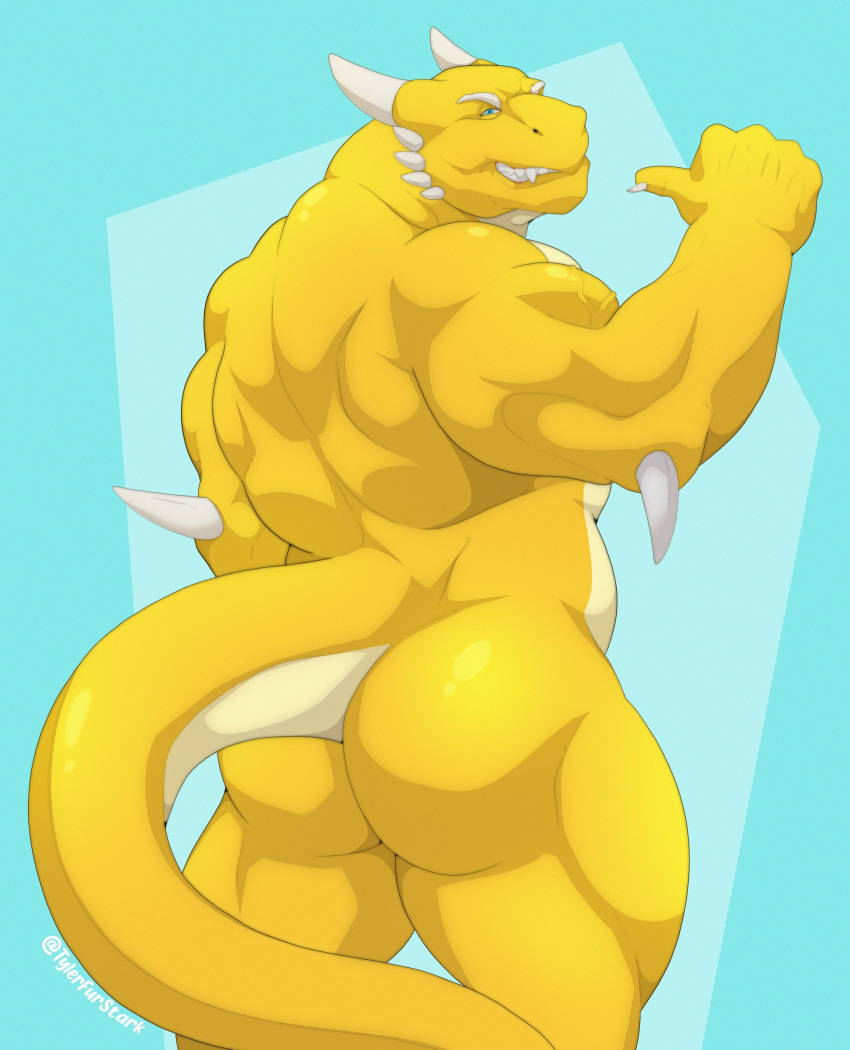 anthro back_muscles big_butt blue_background blue_eyes butt draganta dragon hi_res horn male muscular muscular_anthro muscular_male nude scalie simple_background solo teeth tylerstark yellow_body