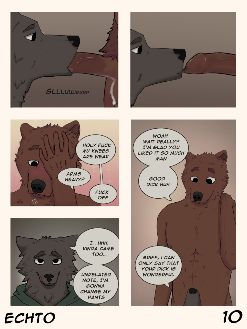 3:4 anthro balls blush bodily_fluids canid canine canis clothed clothed/nude clothing comic cum cum_on_balls dialogue duo echto embarrassed english_text foreskin foreskin_play genital_fluids genitals hi_res humor male male/male mammal nude oral penis profanity text tired ursid wolf