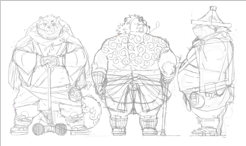 2021 anthro asian_clothing belly butt canid canine clothing east_asian_clothing footwear fundoshi gamma-g gyobu hat headgear headwear humanoid_hands japanese_clothing kemono leaf lifewonders male mammal model_sheet overweight overweight_male raccoon_dog sandals scar simple_background sketch solo tanuki tattoo tokyo_afterschool_summoners underwear video_games weapon white_background