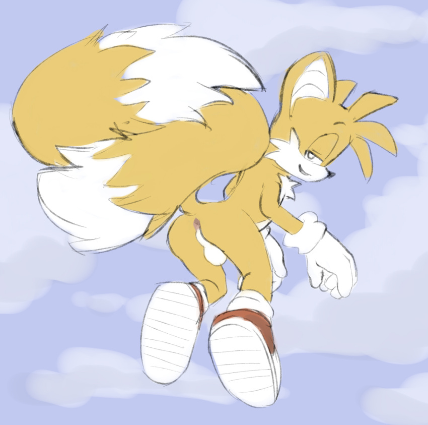 2_tails anthro anus backsack balls canid canine clothing flying footwear footwear_only fox genitals gloves gloves_only handwear handwear_only hi_res looking_at_viewer male mammal miles_prower mostly_nude multi_tail perineum sega shoes shoes_only solo sonic_the_hedgehog_(series) sunhuiz white_balls white_clothing white_gloves white_handwear