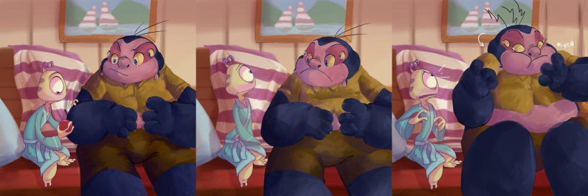 1_eye 2021 2_toes 3:1 3_legs 4_eyes alien angry antennae_(anatomy) bathrobe blue_eyes blush clothed clothing collaboration crees_art directional_arrow disney duo eye_contact eyebrows feet frown furniture hair_curlers head_markings head_turn hi_res jumba_jookiba katerina_dregov kweltikwan lilo_and_stitch looking_at_another looking_down male markings multi_eye obese obese_male occipital_markings overweight overweight_male pillow plorgonarian raised_eyebrow robe russian_text sitting size_difference sofa text toes wendy_pleakley yellow_sclera