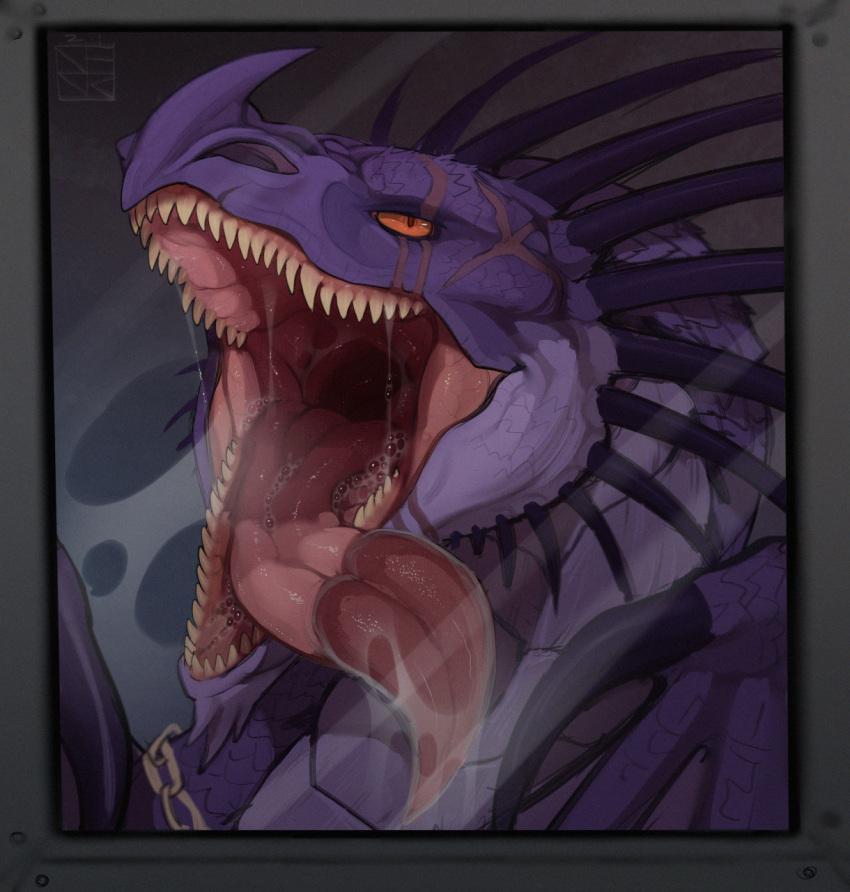 ambiguous_gender bodily_fluids chain claws digital_media_(artwork) dragon dreamworks feral hi_res horn how_to_train_your_dragon licking looking_at_viewer membrane_(anatomy) nevolsky open_mouth orange_eyes purple_body purple_scales pythor_(fan_character) reptile saliva scales scalie scar sharp_teeth simple_background skrill_(species) solo teeth throat tongue tongue_out western_dragon wings