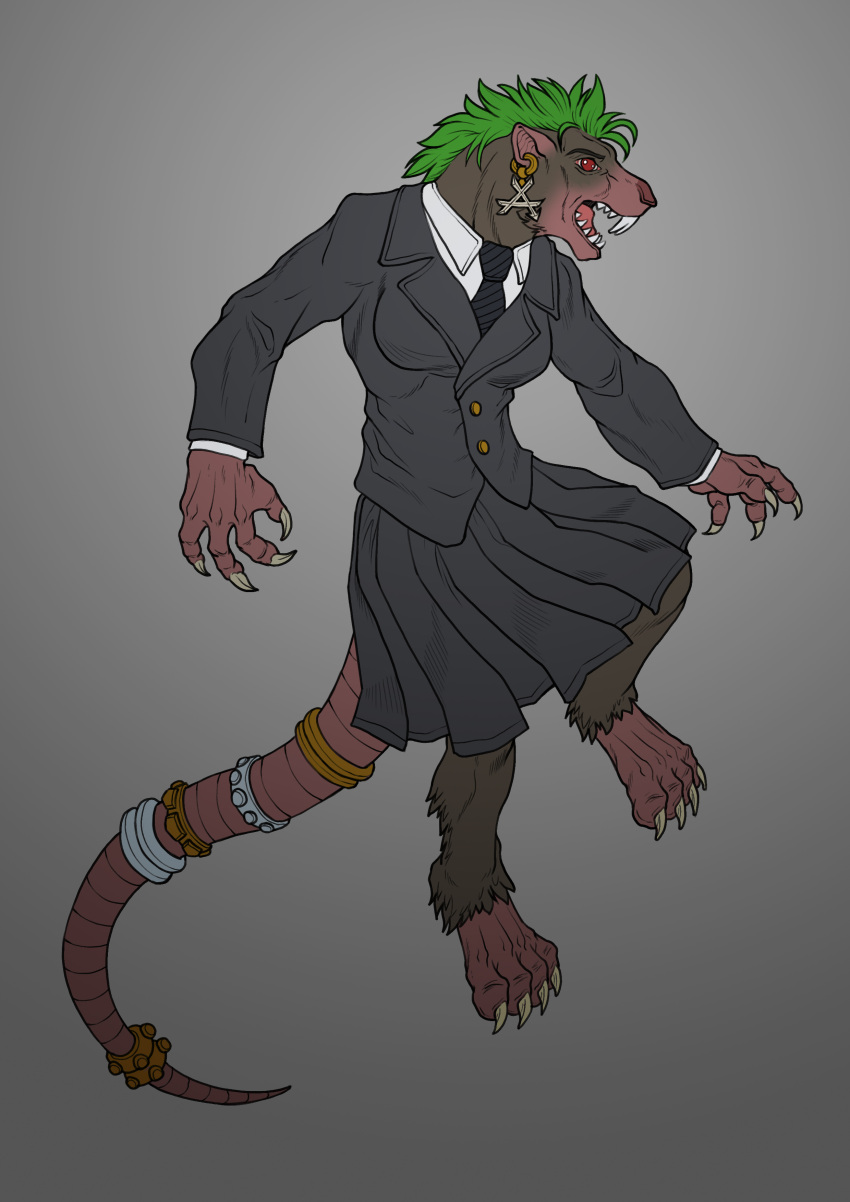 absurd_res accessory anthro avoid_posting bottomwear claws clothed clothing ear_piercing ear_ring empty_eyes female floating furgonomics green_hair grey_background hair hi_res inert-ren mammal murid murine necktie piercing rat red_eyes rodent school_uniform simple_background skaven skirt solo tail_accessory tailband uniform warhammer_(franchise) warhammer_fantasy zerathi_darkchest