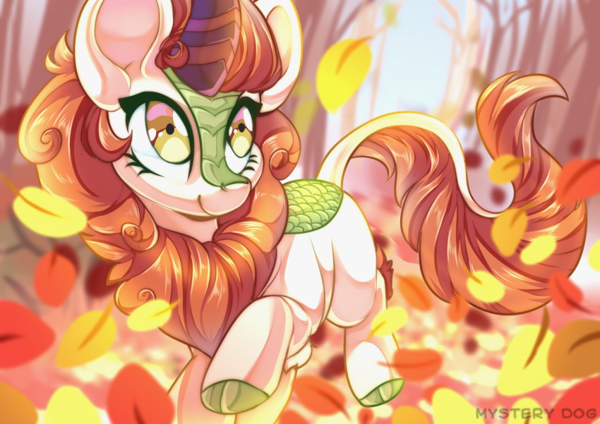 2020 amber_eyes ambiguous_gender asian_mythology autumn autumn_blaze_(mlp) blurred_background chinese_mythology cloven_hooves east_asian_mythology feral forest friendship_is_magic hasbro hooves horn kirin leaf mane my_little_pony mystery_dog mythology outside plant signature siriussternweg solo tree