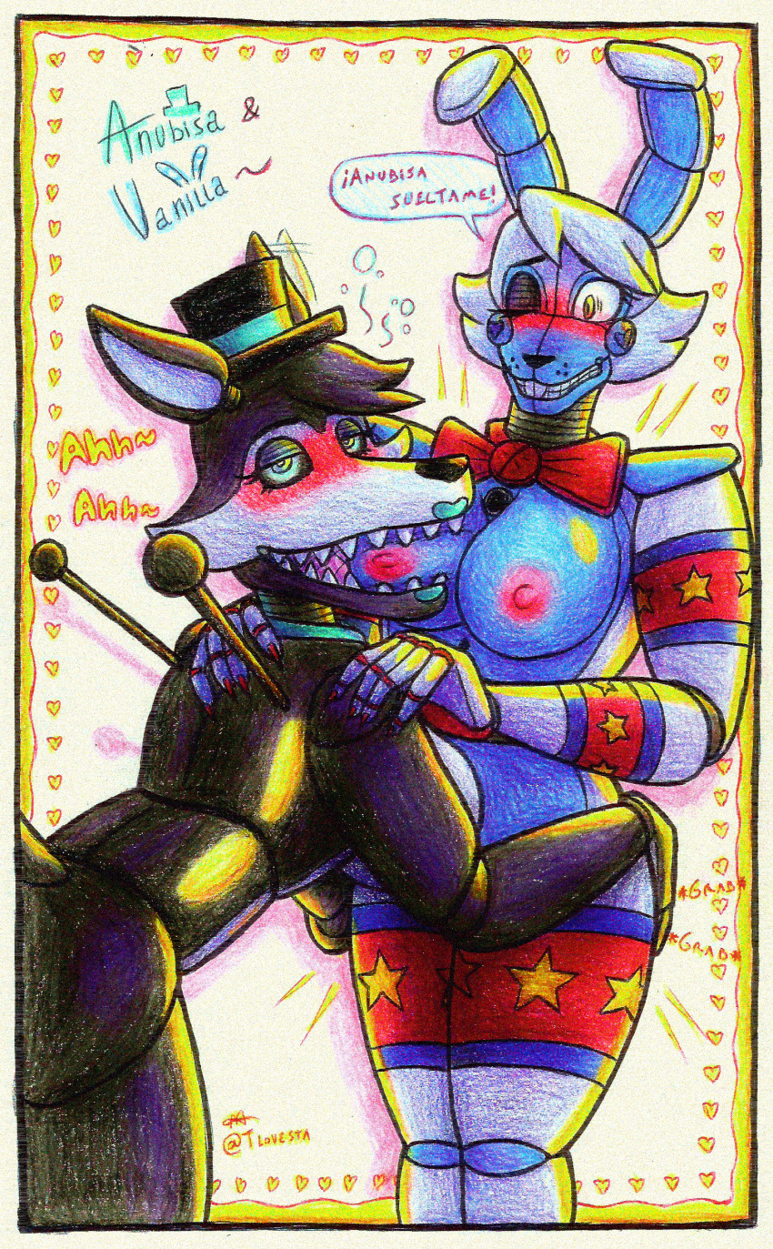 &lt;3 absurd_res animatronic anthro big_breasts big_butt bite bow_tie breasts butt canid canine canis claws clothing domestic_dog drunk duo female female/female five_nights_at_freddy's hair hat headgear headwear hi_res lagomorph leporid machine mammal prophecyx rabbit robot spanish_text star substance_intoxication text tunk_saray_lovesta video_games wolf