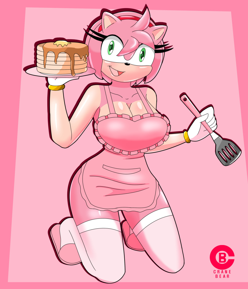 absurd_res amy_rose anthro apron apron_only big_breasts breasts cleavage clothed clothing dark_templar_(artist) eulipotyphlan female food hedgehog hi_res huge_breasts kneeling legwear looking_at_viewer mammal mostly_nude open_mouth open_smile pancake sega simple_background smile solo sonic_the_hedgehog_(series) spatula thigh_highs tools