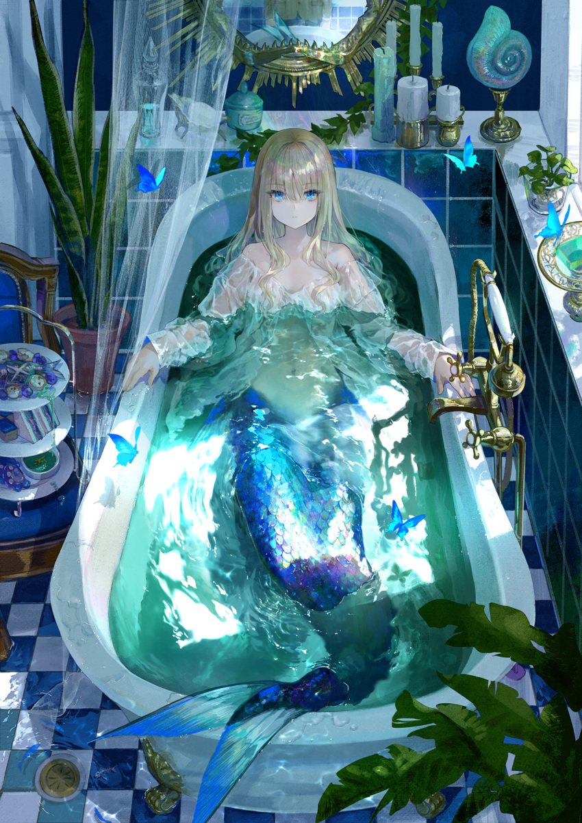 arthropod bath bathroom blonde_hair blue_body blue_eyes blue_scales bone butterfly candle checkered_floor clothing eyebrow_through_hair eyebrows female fish fuzichoco group hair hi_res humanoid insect iridescent_hair legless lepidopteran looking_at_viewer marine merfolk mirror navel plant scales skeleton split_form translucent translucent_clothing translucent_hair