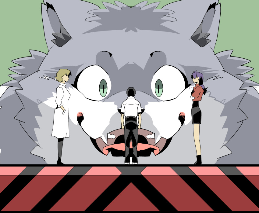 2021 biped bottomwear canid canine clothing fur green_eyes grey_body grey_fur group hi_res human humor kemono macro mammal misato_katsuragi neon_genesis_evangelion pants parody shinji_ikari shirt sigenoya takotyutyu teeth tongue topwear