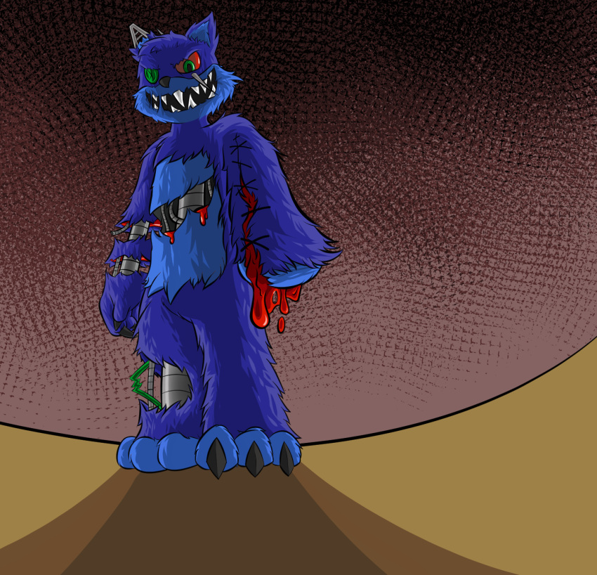 animate_inanimate anthro backlighting blood blue_body blue_fur bodily_fluids button_eyes cable claws domestic_cat felid feline felis fur gore green_eyes hi_res light lighting looking_at_viewer low-angle_view male mammal plushie red_sclera sharp_teeth smile smiling_at_viewer snake_metal_(artist) solo stitch_(disambiguation) teeth the_plush_(snake_metal)