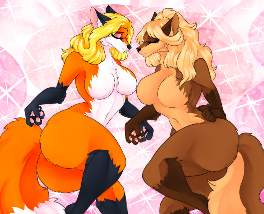 anthro breasts brown_body canid canine cassielink digital_media_(artwork) exposed_breasts female female/female fluffy fluffy_tail fox hi_res mammal nude painting_(artwork) pawpads paws pinup pose romantic romantic_couple solo traditional_media_(artwork)
