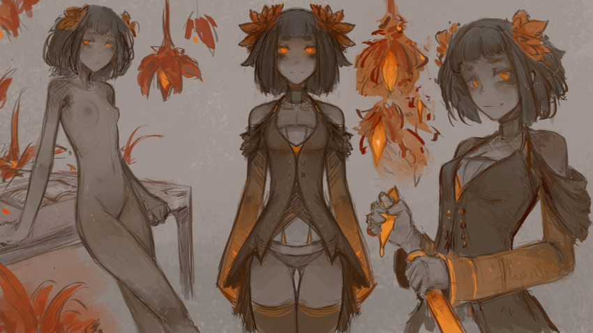 16:9 areola black_hair blush book breasts clothed clothing collar crotch_lines elemental_creature elemental_humanoid evyra_valys_(portals_of_phereon) female flora_fauna flower flower_hair grey_body grey_skin hair hi_res holding_object humanoid legwear long_sleeves looking_at_viewer multiple_poses navel nipples not_furry nude orange_eyes panties plant plant_hair plant_humanoid pose pseudo_hair smile solo standing syvaron thigh_highs topwear underwear vest widescreen