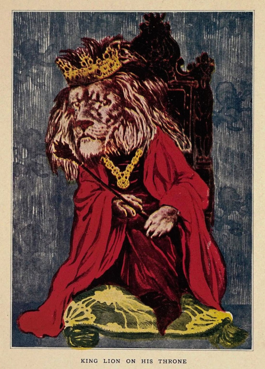 1920 20th_century ancient_furry_art anthro chair clothed clothing crown english_text felid furniture hi_res holding_object jewelry joseph_jacinto_mora king king_noble lion looking_at_viewer male mammal mane necklace pantherine public_domain red_clothing royalty scepter sitting solo text throne traditional_media_(artwork)