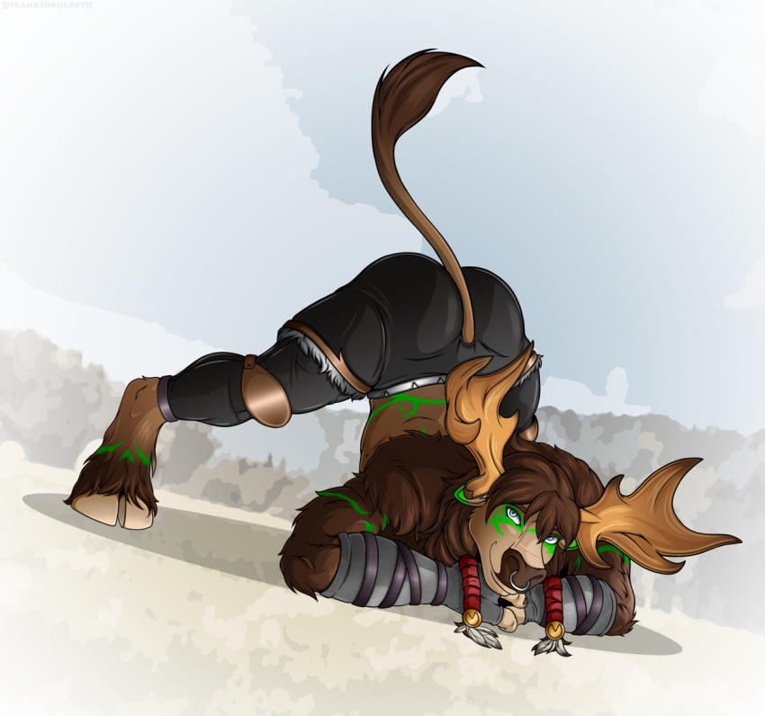 2021 anthro antlers arm_markings arm_wraps ass_up barefoot blizzard_entertainment bottomwear bovid bovine braided_fur brown_body brown_fur butt clothed clothing ear_markings eye_markings facial_markings facial_piercing feet fur green_markings head_markings highmountain_tauren hooves horn jack-o'_pose looking_at_viewer male mammal markings nose_piercing nose_ring pants piercing planktonheretic pose raised_tail septum_piercing smile solcarn_talonrend solo spread_legs spreading tauren topless topless_male tribal tribal_markings video_games warcraft wraps