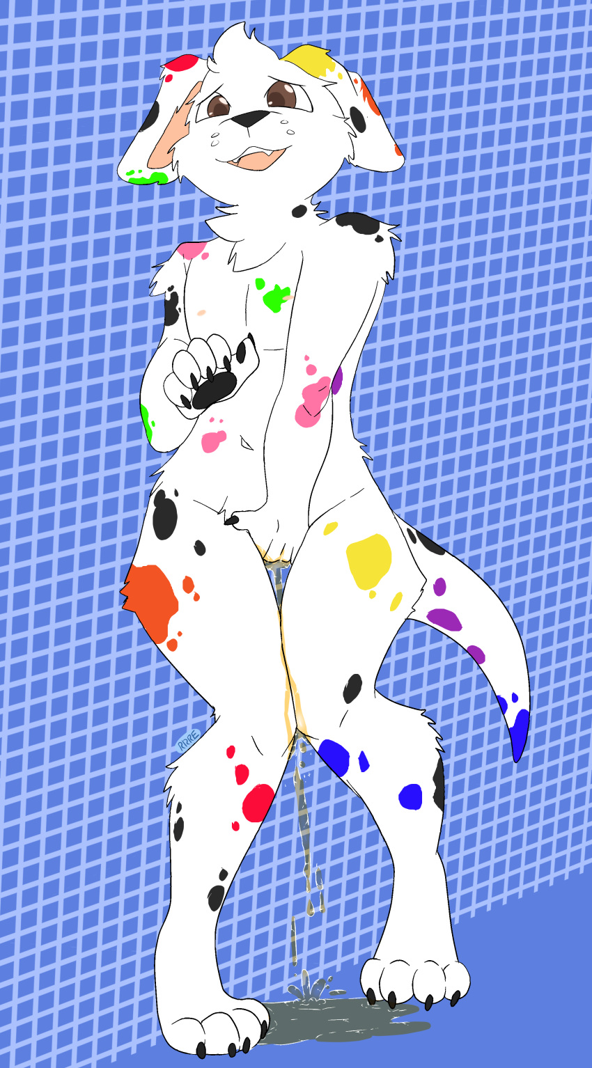 absurd_res anthro bodily_fluids brown_eyes canid canine canis dalmatian digital_media_(artwork) domestic_dog fur genital_fluids hand_between_legs hi_res looking_at_viewer male mammal nude omorashi open_mouth peeing raveneevee simple_background smile solo spots spotted_body spotted_fur standing urine urine_on_ground urine_on_legs urine_pool watersports wetting white_body white_fur