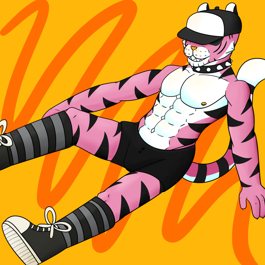 1:1 3loy abs absurd_res anthro biceps boxers_(clothing) bulge clothed clothing collar digital_media_(artwork) felid feline felis footwear fur hat headgear headwear hi_res male mammal muscular muscular_anthro muscular_male nipples orange_nose pantherine pecs pink_body pink_fur shoes smile socks solo spiked_collar spikes stripes tiger underwear