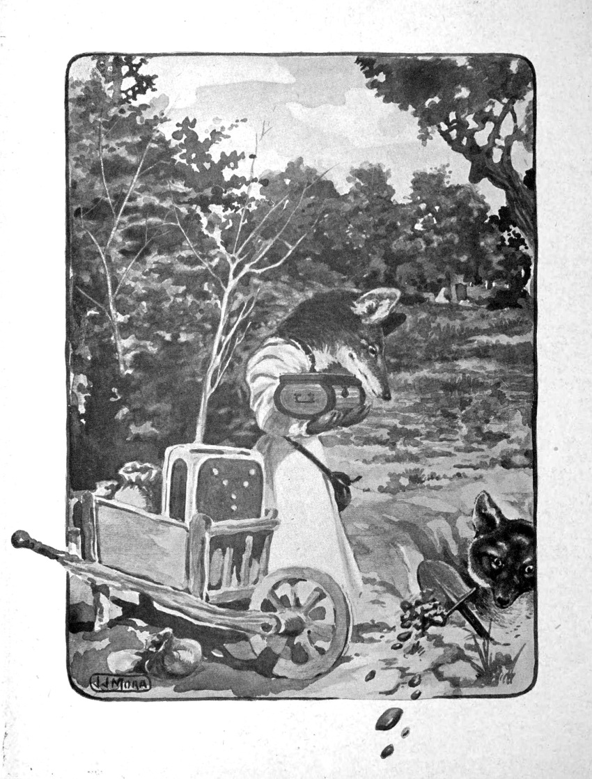 1920 20th_century ancient_furry_art anthro bag canid canine chest_(container) clothed clothing digging duo female fox greyscale hermeline hi_res holding_object holding_shovel holding_tool hole_(pit) joseph_jacinto_mora male mammal monochrome outside plant public_domain reynard_the_fox shovel signature standing text tools traditional_media_(artwork) tree wheelbarrow