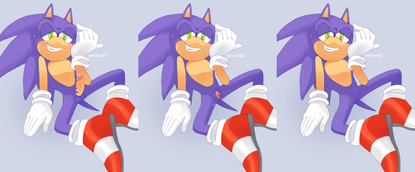 andromorph balls blue_body blue_fur blush bodily_fluids eulipotyphlan fur genitals green_eyes hedgehog hi_res intersex male mammal penis pinup pose pussy sega smile solo sonic_the_hedgehog sonic_the_hedgehog_(series) sonicnacht sweat