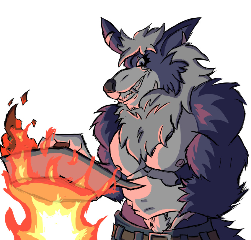 alpha_channel anthro bancholeomon banchowollviehmon bandai_namco belt blue_body blue_fur bluewollvieh bottomwear canid canine canis chest_tuft clothing cooking daddy_kink digimon digimon_(species) english_text fangs felid fire fur hi_res holding_object holding_pan humanoid hybrid lion looking_at_viewer male mammal multicolored_body multicolored_fur muscular muscular_male nipples pantherine pants sabertooth_(anatomy) scar scars_all_over sharp_teeth smile solo teeth text tuft two_tone_body two_tone_fur were werecanid werecanine werewolf white_body white_fur wolf