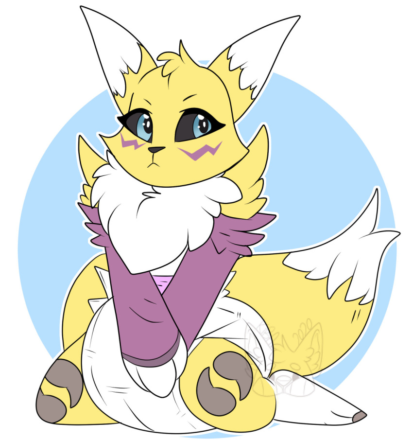 ambiguous_gender anthro bandai_namco blue_eyes diaper digimon digimon_(species) digital_drawing_(artwork) digital_media_(artwork) fur hi_res kibacpup padding renamon simple_background sitting solo wariza white_diaper