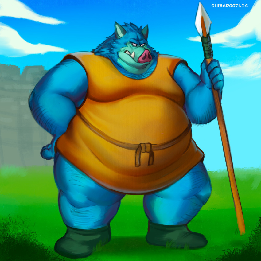 2021 absurd_res anthro belly biped blue_body blue_fur clothed clothing dragon_quest fur hi_res humanoid_hands male mammal obese obese_male orc_(dragon_quest) orc_king_(dragon_quest) outside overweight overweight_male shibadoodles solo square_enix suid suina sus_(pig) video_games weapon wild_boar