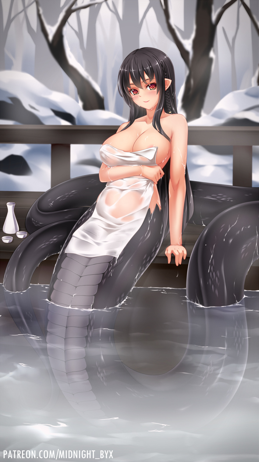 1girl arm_under_breasts bangs blush braid breasts choko_(cup) covering cup eyebrows_visible_through_hair highres lamia large_breasts looking_at_viewer midnight_(banyex) monster_girl nude nude_cover onsen original partially_submerged patreon_username pointy_ears red_eyes scales solo tokkuri water web_address wet