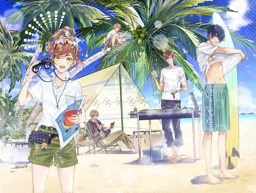 1girl 4boys absurdres artem_wing_(tears_of_themis) bangs barefoot beach beach_chair binoculars blue_pants blue_shirt blue_shorts blue_sky book brown_pants brown_shorts cloud cloudy_sky coconut coconut_tree crossed_legs earrings eyewear_on_head flip-flops full_body gloves green_eyes green_shorts grilling highres holding holding_binoculars holding_book holding_map jacket jewelry jing@fuhuo_(user_zsjp7353) long_sleeves luke_pearce_(tears_of_themis) map marius_von_hagen_(tears_of_themis) multiple_boys muscular muscular_male navel necklace outdoors palm_leaf palm_tree pants polo_shirt pouch purple_jacket rosa_(tears_of_themis) sandals shirt shoes short_hair short_sleeves shorts single_glove sitting sky sneakers standing sunglasses surfboard tears_of_themis tent toes tree vyn_richter_(tears_of_themis) whistle whistle_around_neck white_footwear white_gloves white_shirt