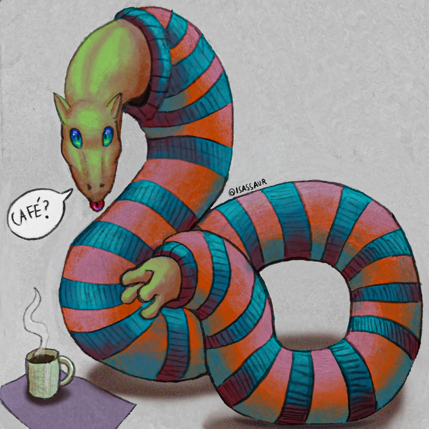 1:1 2021 ? all_tomorrows ambiguous_gender asking beverage blep clothed clothing coffee coffee_mug dialogue digital_drawing_(artwork) digital_media_(artwork) english_text feral green_body green_skin heterochromia hi_res isassaur long_body looking_at_viewer mixed_media signature simple_background smoke snake_person_(all_tomorrows) solo speech_bubble tail_hand text tongue tongue_out traditional_media_(artwork) unusual_anatomy unusual_tail