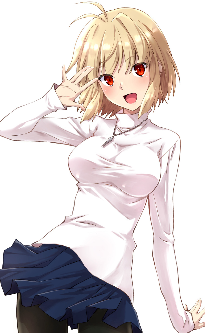 1girl antenna_hair arcueid_brunestud bangs black_legwear blonde_hair blue_skirt blush breasts commentary_request cowboy_shot hand_up highres impossible_clothes impossible_shirt izumi_mahiru jewelry large_breasts looking_at_viewer open_mouth pendant red_eyes shirt short_hair simple_background skirt sleeves_past_wrists slit_pupils smile solo tsukihime turtleneck white_background white_shirt