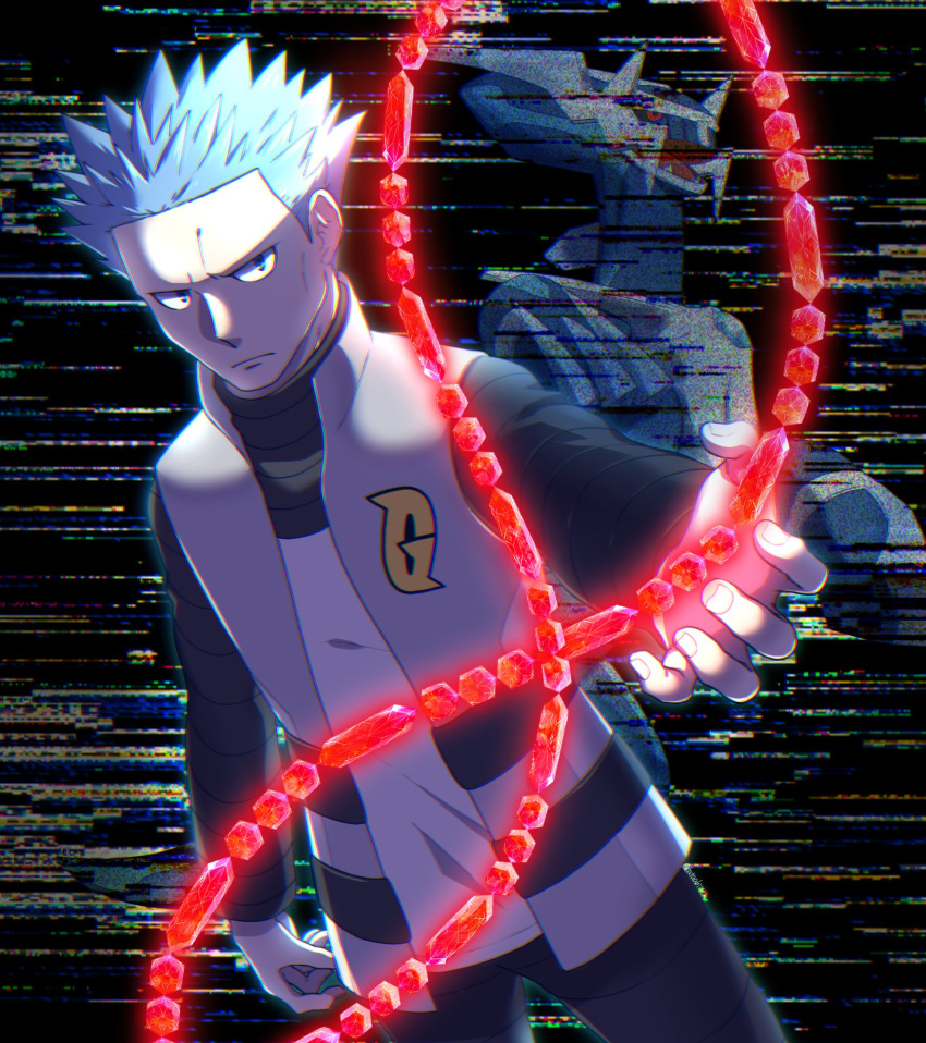 1boy batabiru black_pants black_shirt blue_hair closed_mouth commentary_request cyrus_(pokemon) dialga frown grey_vest highres logo long_sleeves male_focus open_clothes open_vest pants pokemon pokemon_(creature) pokemon_(game) pokemon_dppt shirt short_hair spiked_hair team_galactic vest