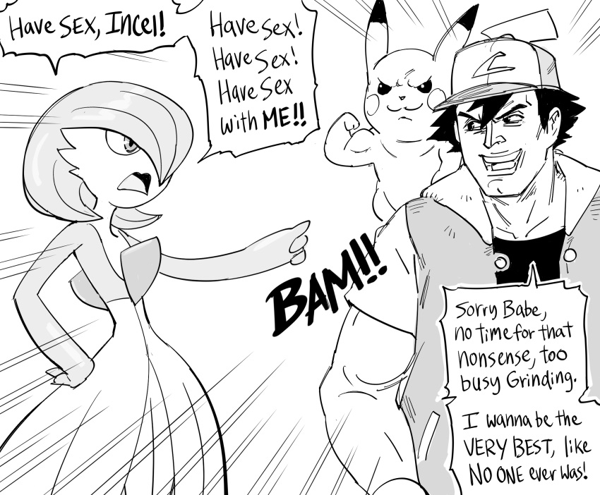 1boy 1girl :3 arm_up ash_ketchum bangs baseball_cap bb_(baalbuddy) blush_stickers bob_cut collarbone colored_skin commentary emphasis_lines english_commentary english_text eye_contact flat_chest flexing gardevoir greyscale hair_over_one_eye hand_on_hip happy hat highres jacket looking_at_another looking_to_the_side monochrome multicolored_skin muscular muscular_male on_shoulder one_eye_covered open_mouth pikachu pocket pointing pointing_at_another pokemon pokemon_(anime) pokemon_(classic_anime) pokemon_(creature) pokemon_on_shoulder pose rejection shirt short_hair short_sleeves simple_background sketch smile speech_bubble spiked_hair standing talking teeth text_focus two-tone_skin upper_body v-shaped_eyebrows white_background