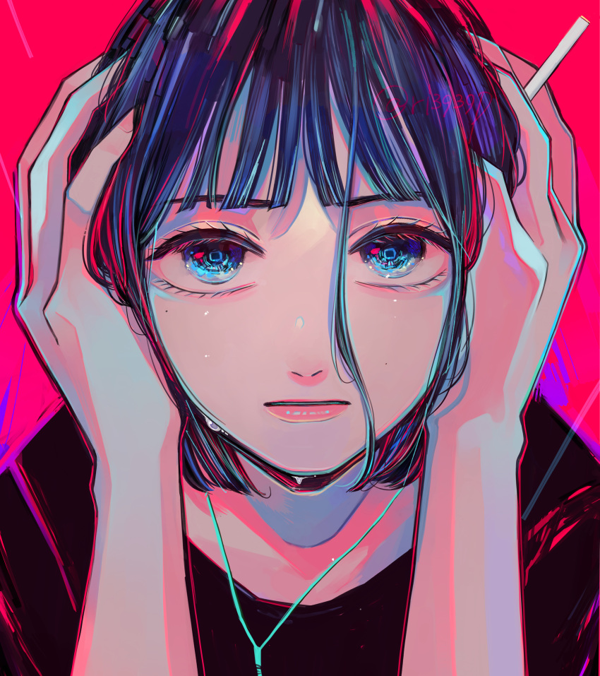 1girl absurdres bangs black_hair blue_eyes earbuds earphones hands_up highres looking_at_viewer original red_background richard_(ri39p) short_hair simple_background solo