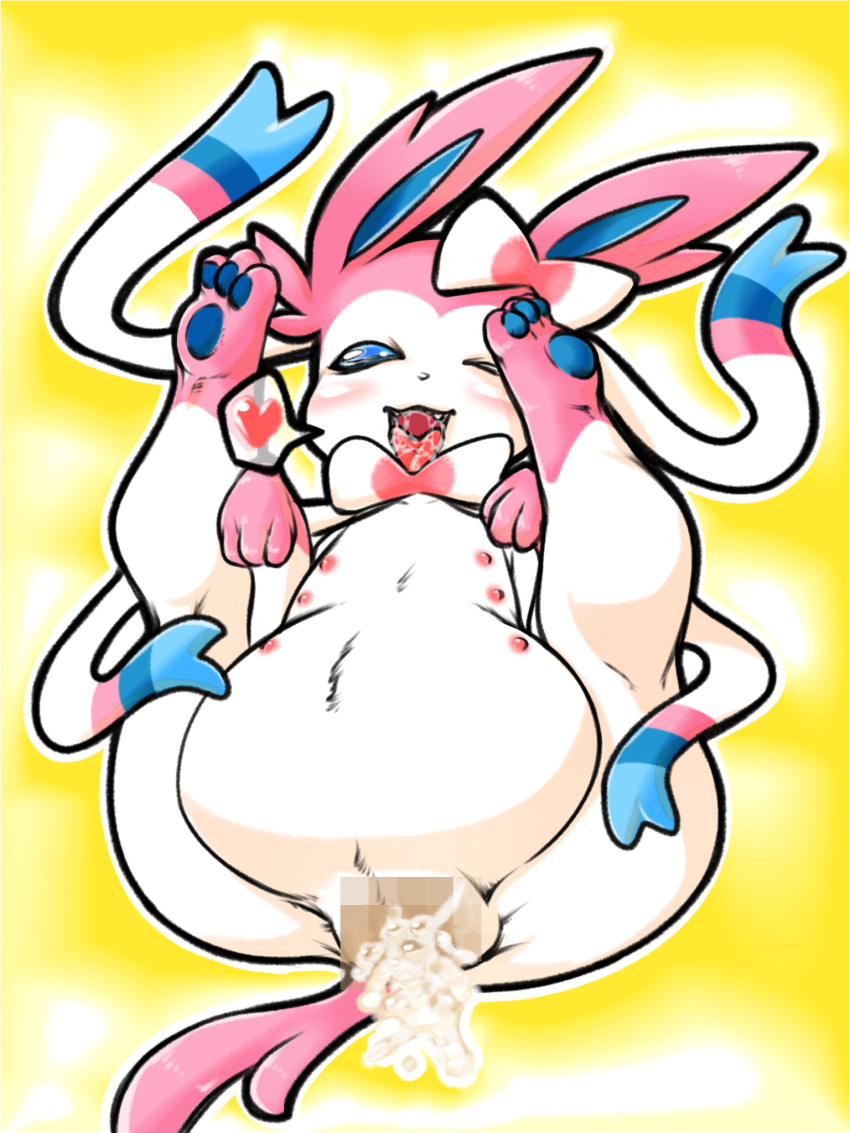 &lt;3 3:4 belly_inflation bodily_fluids censored cum cum_leaking cute_fangs eeveelution excessive_cum female feral genital_fluids genitals hi_res kumaneko legs_above_head looking_at_viewer mosaic_censorship multi_nipple multi_teat nintendo nipples one_eye_closed pok&eacute;mon pok&eacute;mon_(species) pregnant pregnant_female presenting presenting_pussy pussy saliva saliva_on_tongue solo speech_bubble sylveon teats tongue tongue_out video_games wink