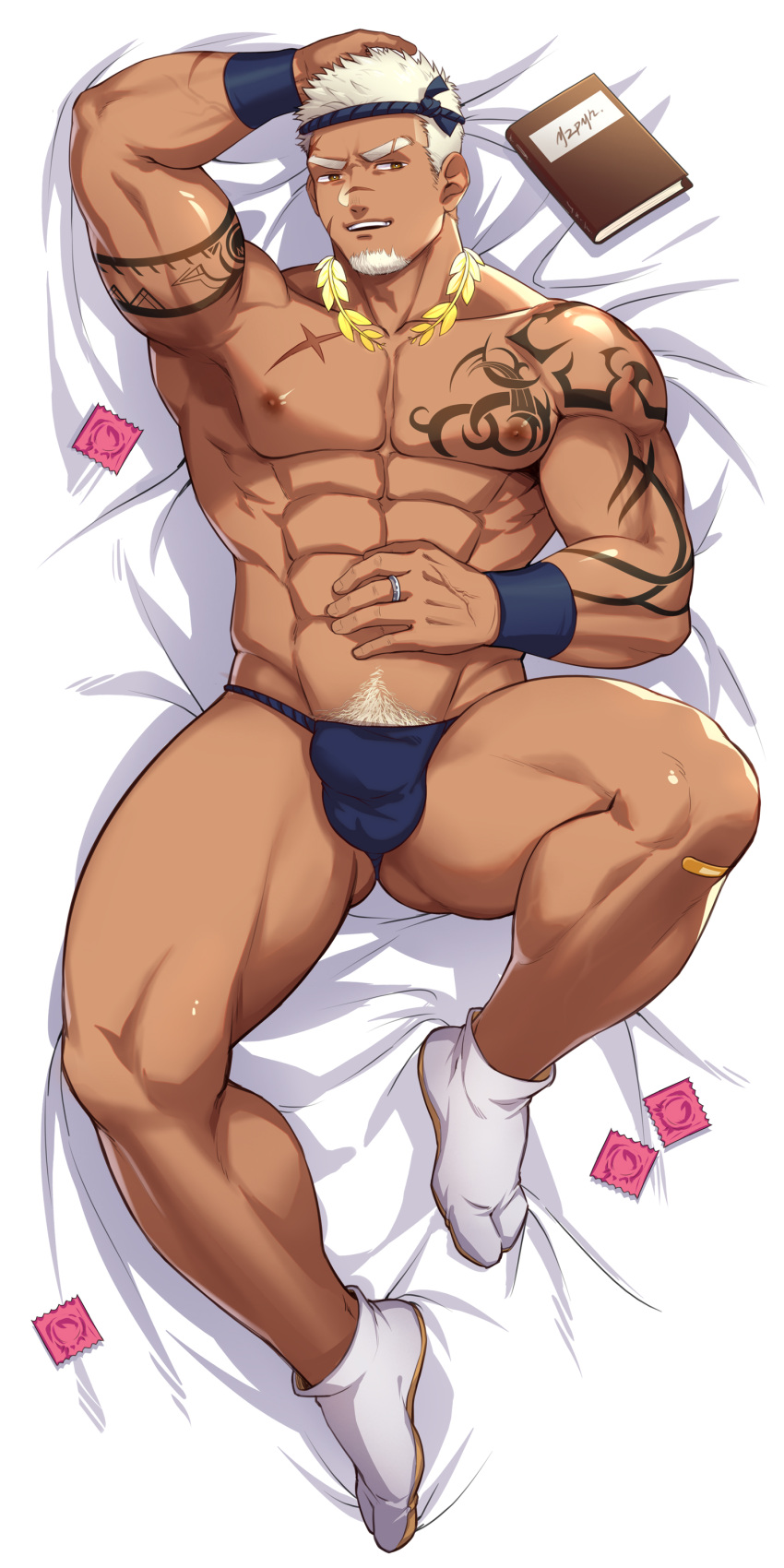 1boy absurdres bara bulge facial_hair fundoshi goatee highres japanese_clothes jewelry large_pectorals looking_at_viewer male_focus mature_male muscular muscular_male no_shirt open_mouth original pectorals ring shoulder_tattoo solo tattoo yzpyn