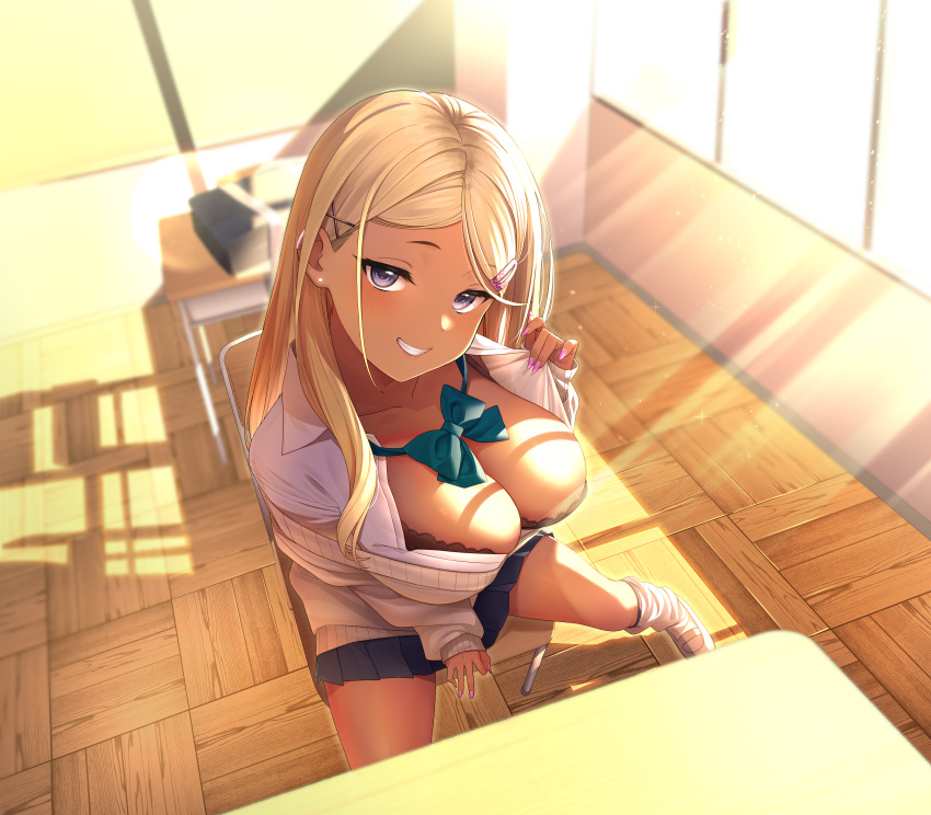 1girl absurdres bangs between_legs blonde_hair blue_eyes blurry bow bowtie breasts chair classroom cleavage clothes_pull collared_shirt dark-skinned_female dark_skin depth_of_field ear_piercing eyebrows_visible_through_hair grin gyaru hair_ornament hairpin hand_between_legs handjob_gesture highres indoors kneehighs large_breasts looking_at_viewer loose_socks nail_polish non-web_source on_chair open_clothes original parted_lips perspective piercing pink_nails purple_eyes school_uniform seductive_smile shadow shirt shoes sitting skirt smile solo spread_legs sweater sweater_pull tan teeth uwabaki wotori