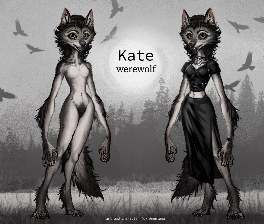 2021 4_toes 5_fingers absurd_res amenlona anthro black_hair breasts canid canine clothed clothing digital_media_(artwork) ear_piercing ear_ring english_text eyebrows eyelashes feet female fingers fur hair hi_res mammal midriff navel piercing solo text toes were werecanid werecanine werewolf