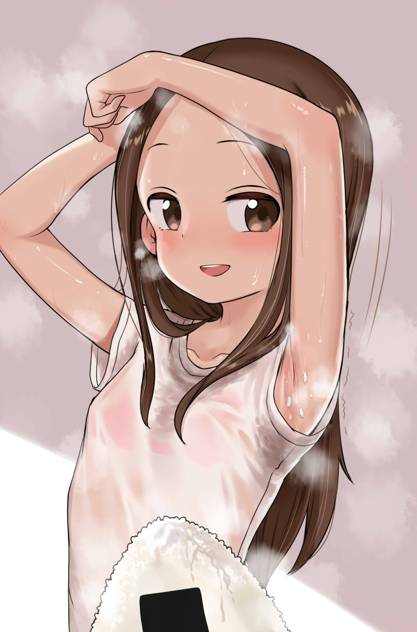 1girl :d absurdres armpit_onigiri armpits arms_up bangs blush bra bra_visible_through_clothes breasts brown_eyes brown_hair commentary food food_on_body forehead highres karakai_jouzu_no_takagi-san long_hair looking_at_viewer note2000 onigiri parted_bangs red_bra rice shirt short_sleeves small_breasts smile solo sweat takagi-san teeth underwear upper_body upper_teeth white_shirt