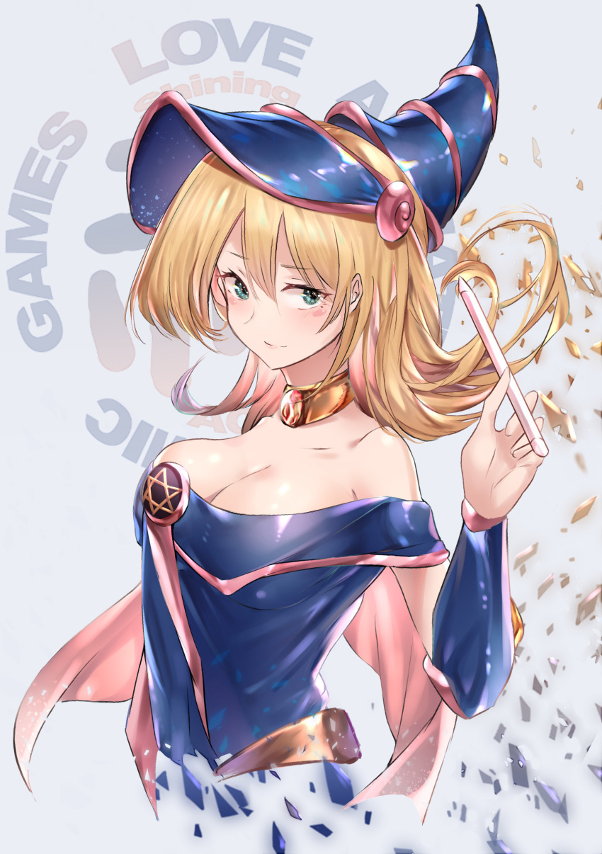 1girl absurdres bare_shoulders blonde_hair blue_eyes blush breasts cleavage cropped_torso dark_magician_girl duel_monster grey_background hand_up hat hexagram highres holding large_breasts long_hair looking_at_viewer nakagawa_kanon_(pixiv32798535) solo wizard_hat yu-gi-oh! yu-gi-oh!_duel_monsters