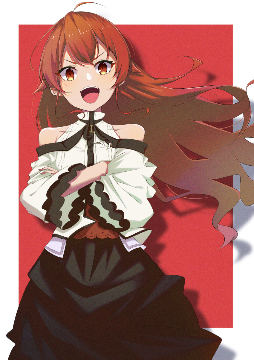 1girl absurdres bangs bare_shoulders black_skirt border commentary crossed_arms eris_greyrat eyebrows_visible_through_hair floating_hair hair_between_eyes highres long_hair looking_at_viewer mumei_(mumei_7743) mushoku_tensei off-shoulder_shirt off_shoulder open_mouth orange_eyes outside_border rectangle red_hair shadow shirt skirt smile solo teeth tongue upper_body upper_teeth very_long_hair white_border white_shirt wide_sleeves